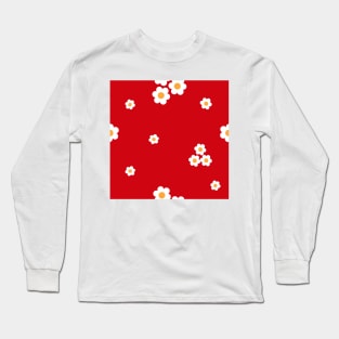 Simple White flowers (Chamomile) repeat pattern in red background Long Sleeve T-Shirt